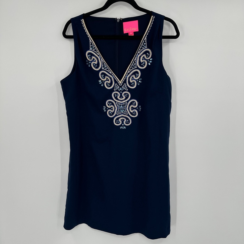 Lilly Pulitzer Navy Blue Sleeveless V‎ Neck Embellished Shift Dress Size 4
